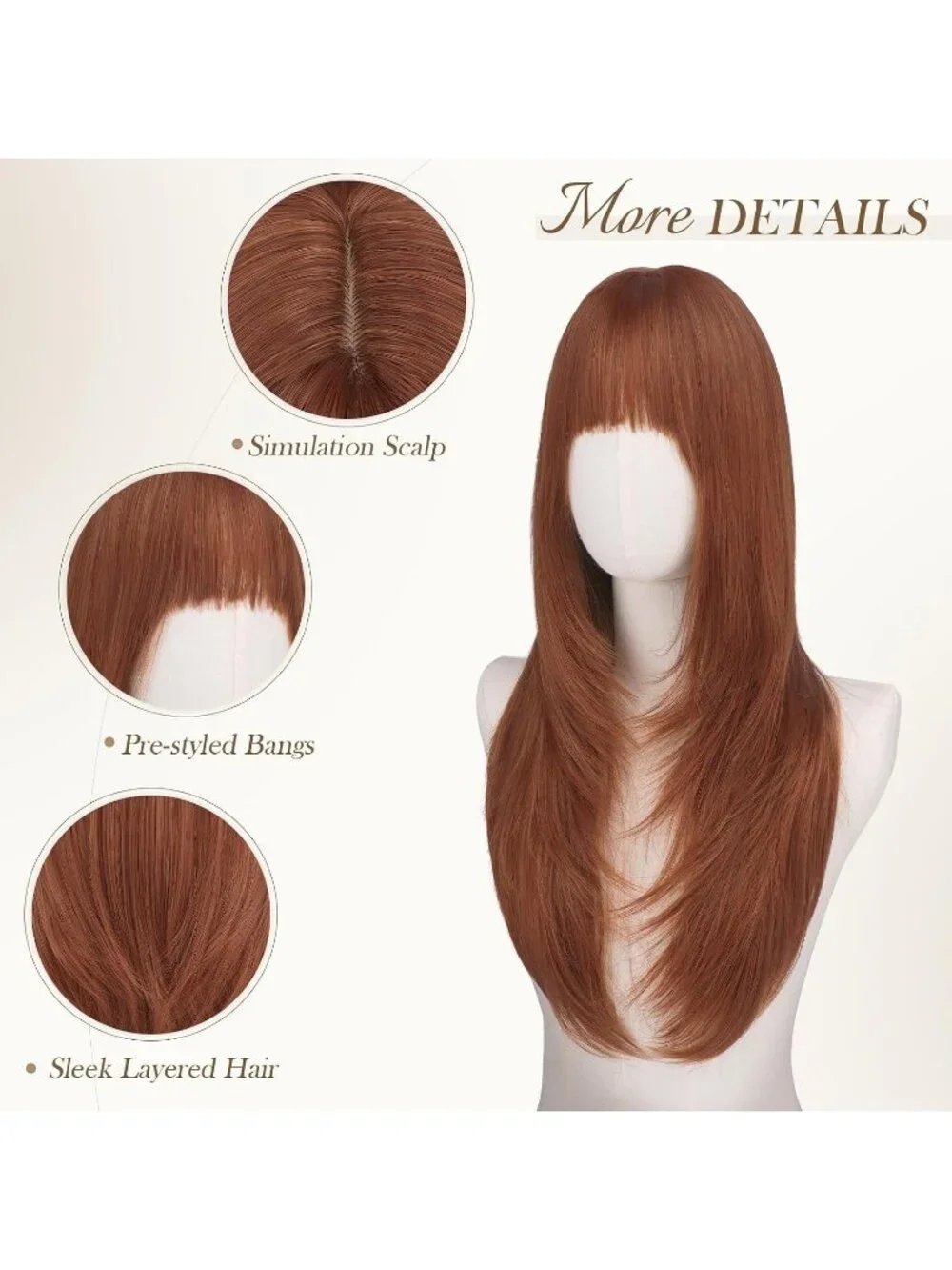 Women's Copper Red 24 Inch Natural Synthetic Long Straight Sleek Layered Wigs